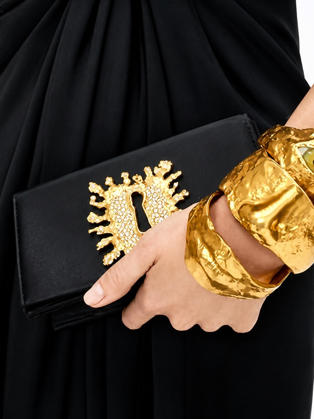 3 pièces Schiaparelli Hammered Gold Statement Cuff Bracelet Bold Fashion Jewelry